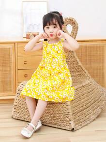 Young Girl Cartoon Graphic Smock Dress - Yellow - View 6