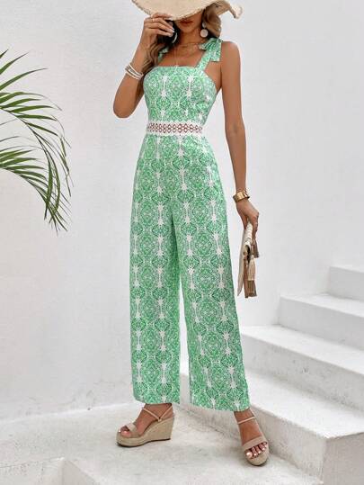SHEIN VCAY Allover Print Tie Shoulder Cami Jumpsuit