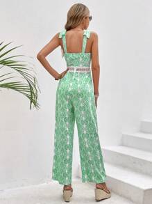 SHEIN VCAY 滿版印花肩上打結吊帶連體褲 - 綠色 - 查看 2