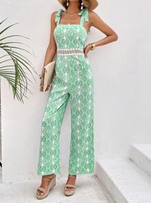 SHEIN VCAY 滿版印花肩上打結吊帶連體褲 - 綠色 - 查看 3