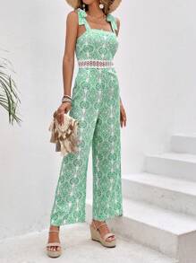 SHEIN VCAY 滿版印花肩上打結吊帶連體褲 - 綠色 - 查看 4