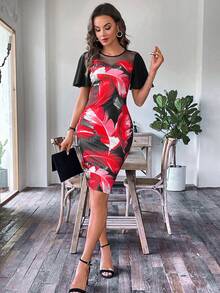 SHEIN Clasi 羽毛印花網紗拼接緊身洋裝 - 彩色 - 查看 4