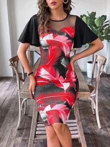 SHEIN Clasi 羽毛印花網紗拼接緊身洋裝 - 彩色 - 查看 1