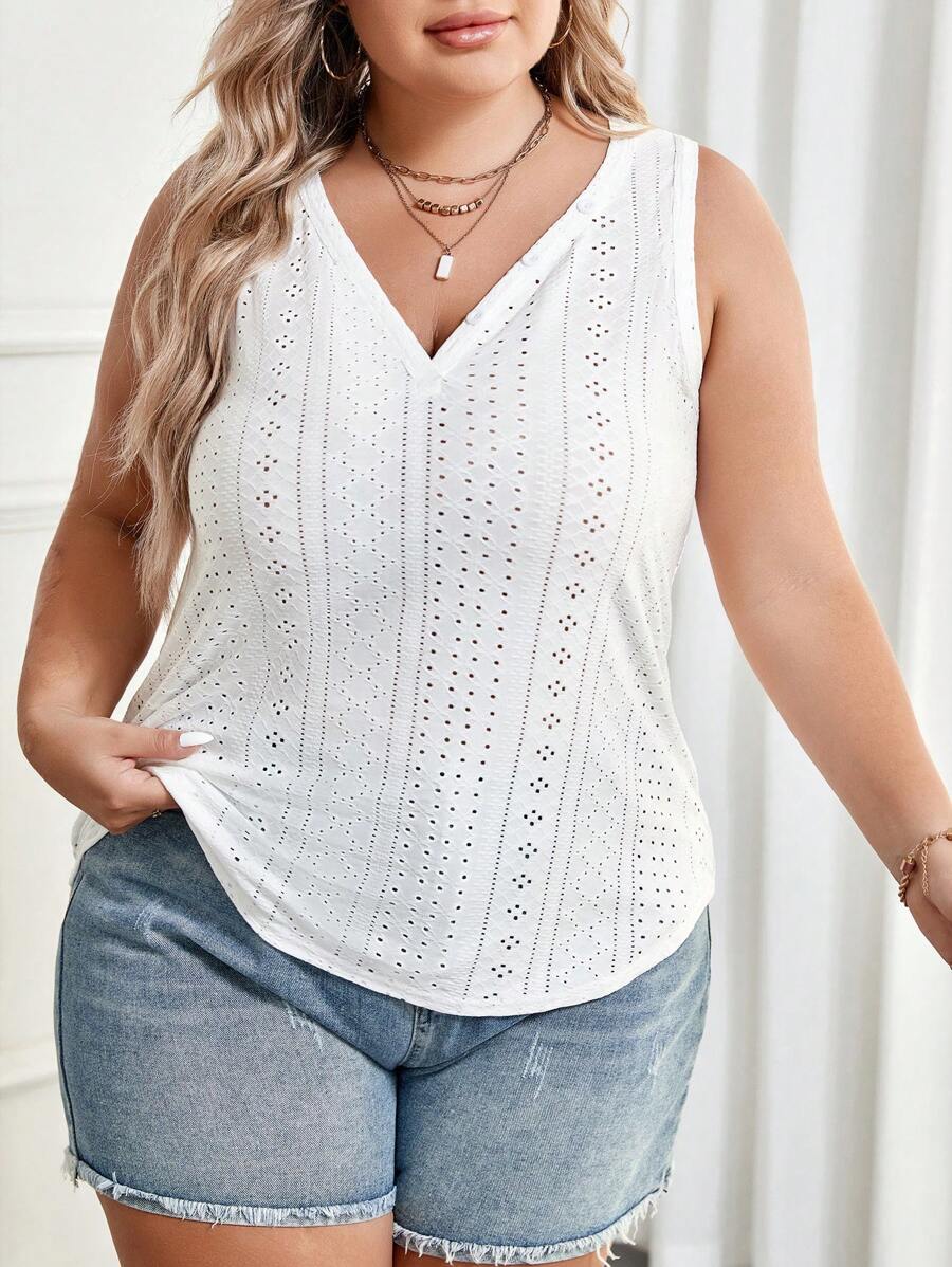 SHEIN LUNE Plus Eyelet Embroidery V Neck Tank Top - White - View 1
