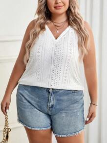 SHEIN LUNE Plus Eyelet Embroidery V Neck Tank Top - White - View 4