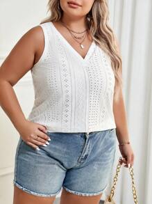 SHEIN LUNE Plus Eyelet Embroidery V Neck Tank Top - White - View 5
