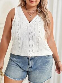 SHEIN LUNE Plus Eyelet Embroidery V Neck Tank Top - White - View 6