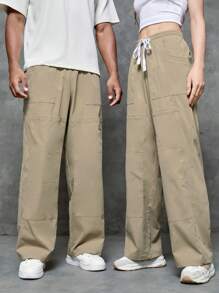 SWAVVY 1pc Drawstring Waist Wide Leg Pants - Khaki - View 1