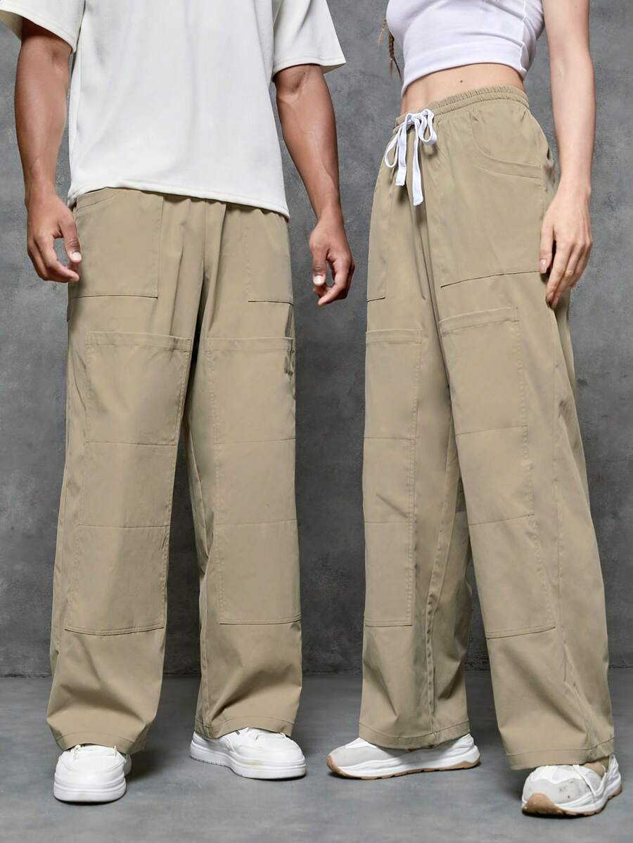 SWAVVY 1pc Drawstring Waist Wide Leg Pants - Khaki - View 1