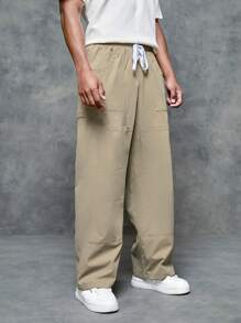 SWAVVY 1pc Drawstring Waist Wide Leg Pants - Khaki - View 3