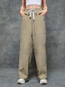 SWAVVY 1pc Drawstring Waist Wide Leg Pants - Khaki - View 4