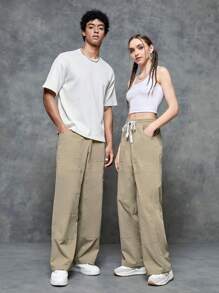 SWAVVY 1pc Drawstring Waist Wide Leg Pants - Khaki - View 5
