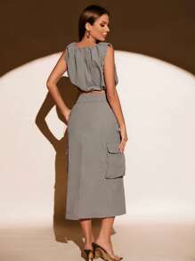 GENKIRA Solid Crop Tank Top & Flap Pocket Skirt - Grey - View 2