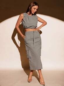 GENKIRA Solid Crop Tank Top & Flap Pocket Skirt - Grey - View 3