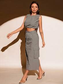 GENKIRA Solid Crop Tank Top & Flap Pocket Skirt - Grey - View 4
