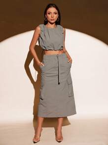 GENKIRA Solid Crop Tank Top & Flap Pocket Skirt - Grey - View 5