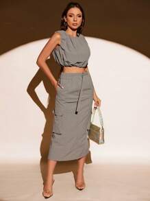 GENKIRA Solid Crop Tank Top & Flap Pocket Skirt - Grey - View 6