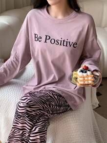 DAZY Letter Graphic Drop Shoulder Tee & Zebra Striped Trousers Lounge Set - Dusty Purple - View 4