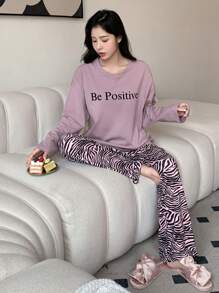 DAZY Letter Graphic Drop Shoulder Tee & Zebra Striped Trousers Lounge Set - Dusty Purple - View 5