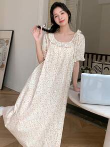 DAZY Ditsy Floral Print Ruffle Trim Puff Sleeve Lounge Dress - Yellow - View 3