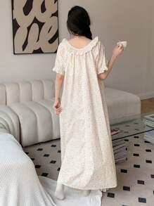 DAZY Ditsy Floral Print Ruffle Trim Puff Sleeve Lounge Dress - Yellow - View 2