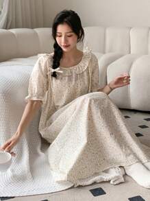 DAZY Ditsy Floral Print Ruffle Trim Puff Sleeve Lounge Dress - Yellow - View 1