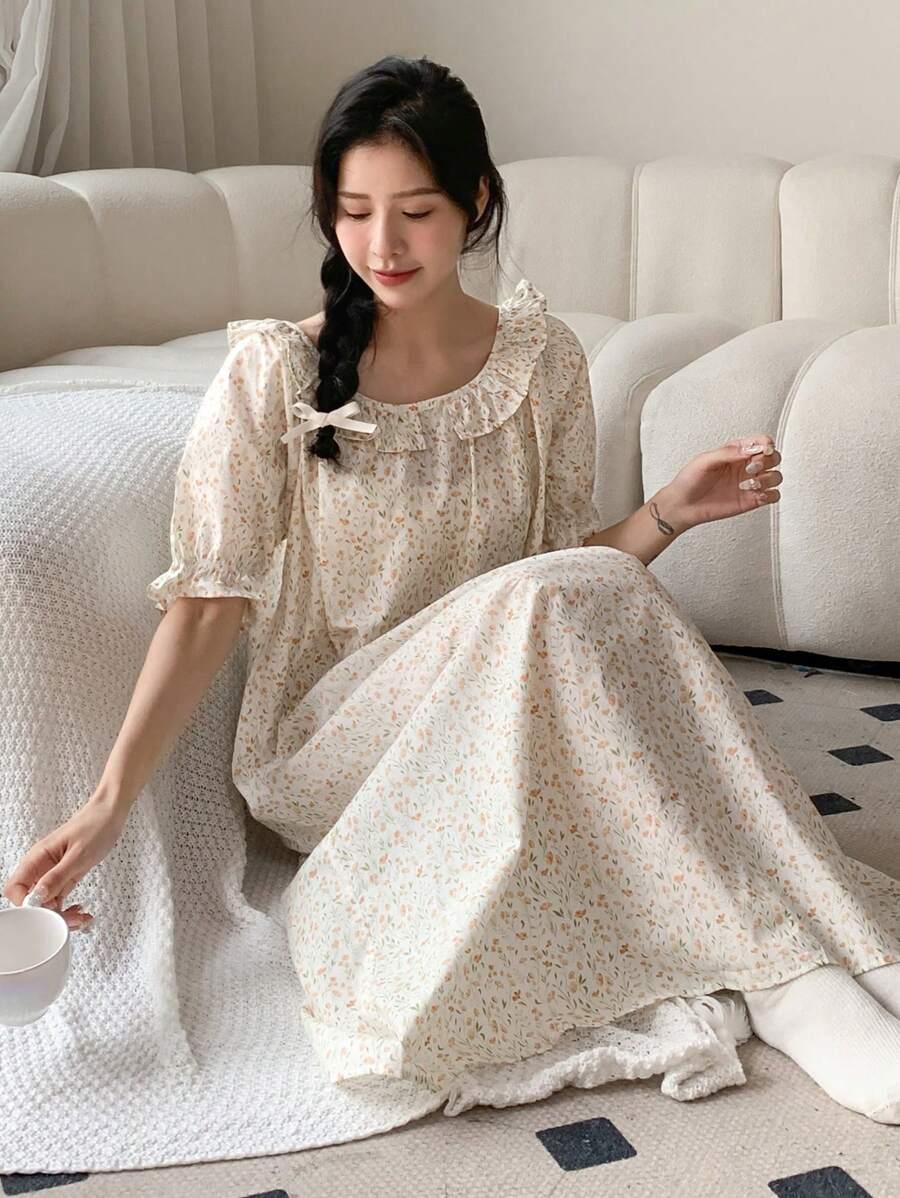 DAZY Ditsy Floral Print Ruffle Trim Puff Sleeve Lounge Dress - Yellow - View 1