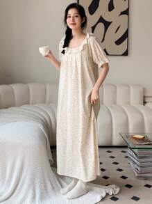 DAZY Ditsy Floral Print Ruffle Trim Puff Sleeve Lounge Dress - Yellow - View 4