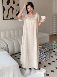 DAZY Ditsy Floral Print Ruffle Trim Puff Sleeve Lounge Dress - Yellow - View 6