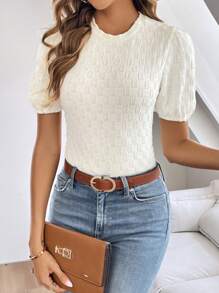SHEIN Clasi Solid Puff Sleeve Tee - Beige - View 5
