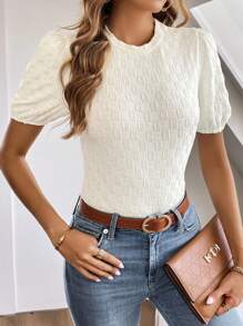 SHEIN Clasi Solid Puff Sleeve Tee - Beige - View 2