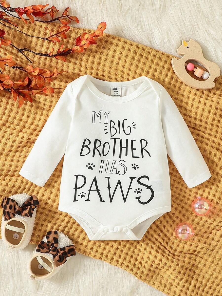 1 pieza Bodys de manga larga para bebé niño con estampado en inglés, casual y cómodo para otoño/invierno - Blanco - Ver 1