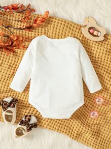 1 pieza Bodys de manga larga para bebé niño con estampado en inglés, casual y cómodo para otoño/invierno - Blanco - Ver 2