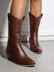 NỮ Chi tiết thêu Gót thô Giày ống Tây , Thời trang Ngoài trời Giày ống - Cà phê nâu - Xem 2