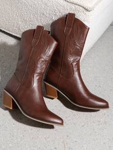 NỮ Chi tiết thêu Gót thô Giày ống Tây , Thời trang Ngoài trời Giày ống - Cà phê nâu - Xem 3