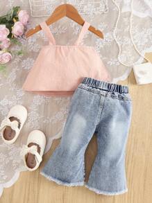 SHEIN Baby Girl Bow Front Cami Top & Ripped Raw Cut Flare Leg Pants