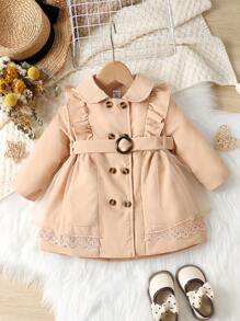 Baby Girl Ruffle Trim Double Breasted Belted Coat - Apricot - View 1