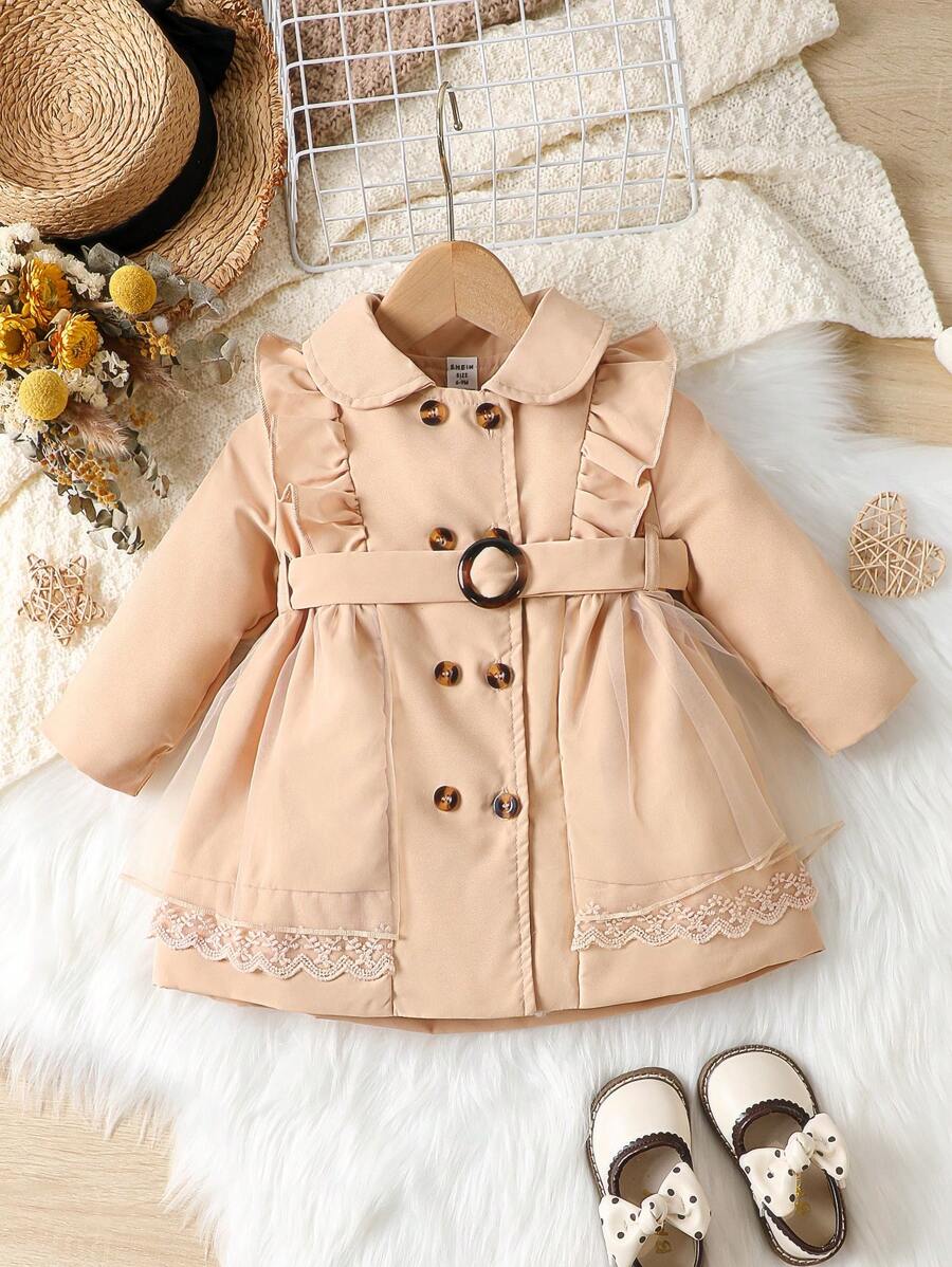 Baby Girl Ruffle Trim Double Breasted Belted Coat - Apricot - View 1