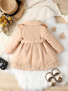 Baby Girl Ruffle Trim Double Breasted Belted Coat - Apricot - View 2