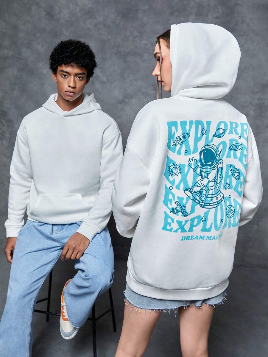 SWAVVY 1 Miếng Chữ cái & Đồ họa hoạt hình Thả vai Hoodie - trắng - Xem 1