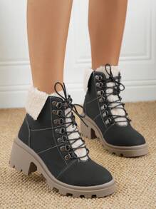 Women Fuzzy Panel Lace-up Front Combat Boots, Fashion Outdoor Boots - Black - View 1