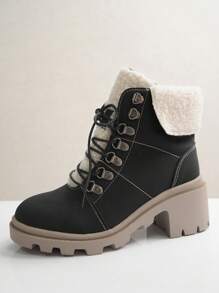 Women Fuzzy Panel Lace-up Front Combat Boots, Fashion Outdoor Boots - Black - View 2