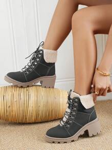 Women Fuzzy Panel Lace-up Front Combat Boots, Fashion Outdoor Boots - Black - View 3