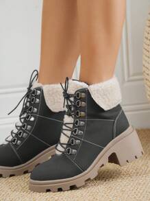 Women Fuzzy Panel Lace-up Front Combat Boots, Fashion Outdoor Boots - Black - View 5