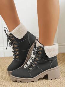 Women Fuzzy Panel Lace-up Front Combat Boots, Fashion Outdoor Boots - Black - View 7