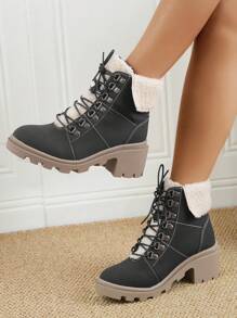 Women Fuzzy Panel Lace-up Front Combat Boots, Fashion Outdoor Boots - Black - View 8