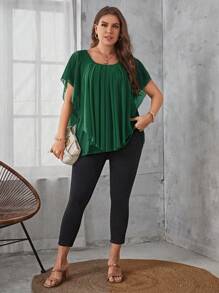 SHEIN LUNE 大碼素色網紗拼接上衣 - 綠色 - 查看 3