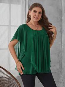 SHEIN LUNE 大碼素色網紗拼接上衣 - 綠色 - 查看 4