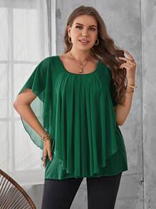 SHEIN LUNE 大碼素色網紗拼接上衣 - 綠色 - 查看 5