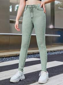 SHEIN Quần jean dây kéo cô gái tuổi teen - Màu xanh Bạc hà - Xem 5